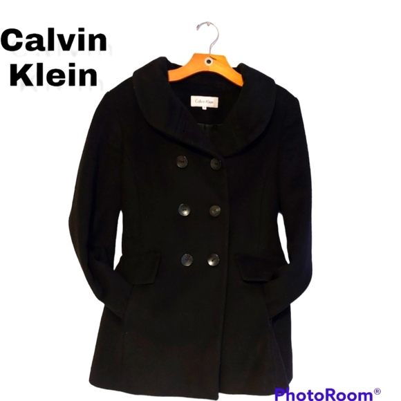Calvin Klein Wool Black Pea Coat Size 10 Women's pockets Mid Lenght - Picture 2 of 13